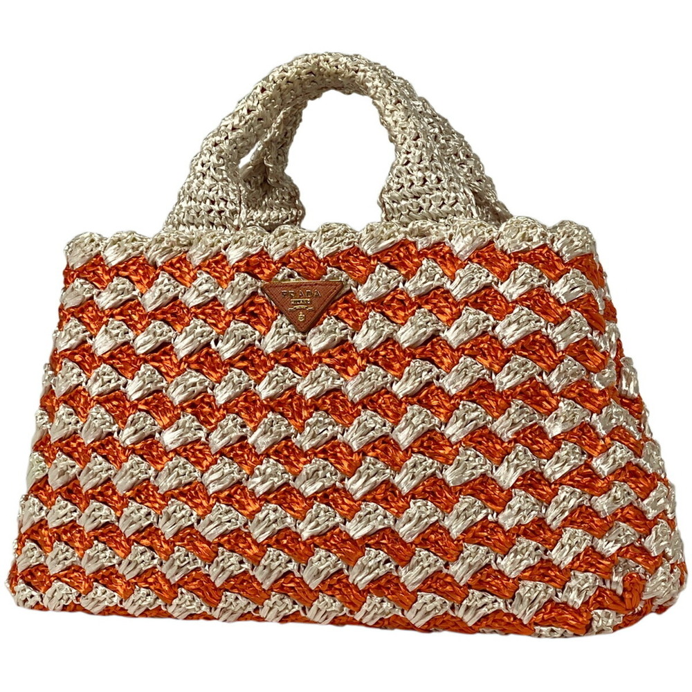 Prada Logo Plate Tote Bag Handbag Raffia Orange White